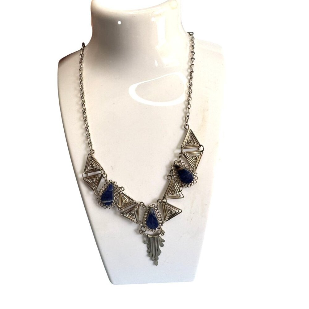 Vintage Silver Necklace Blue Lapis Lazuli Teardrops Intricate Triangle Design 18 - Picture 3 of 6